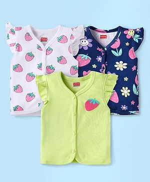 Babyhug 100% Cotton Knit Frill Sleeves Front Open Vests with Floral & Strawberry Print Pack of 3 - White Light Green & Navy Blue