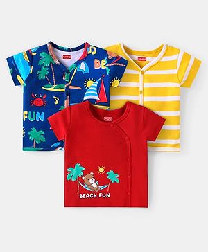 Babyhug 100% Cotton Knit Half Sleeves Front Open Vests With Stripes & Beach Theme Print Pack of 3 - Yellow Red & Navy Blue