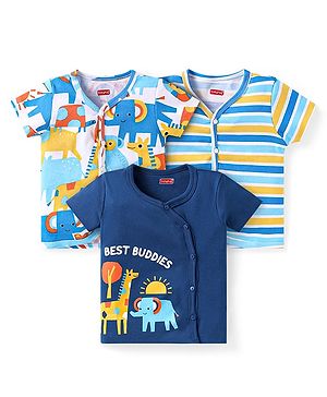Babyhug 100% Cotton Knit Half Sleeves Front Open Vests With Animal Print Pack of 3 - Navy Blue Yellow & White