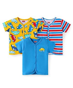 Babyhug 100% Cotton Knit Half Sleeves Front Open Vests With Car Print Pack of 3 - Blue Red & Yellow