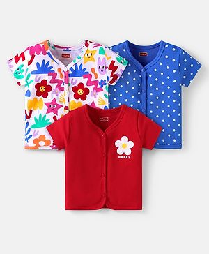 Babyhug 100% Cotton Knit Half Sleeves Front Open Vests with Polka Dots & Floral Print Pack of 3 - Red & Navy Blue