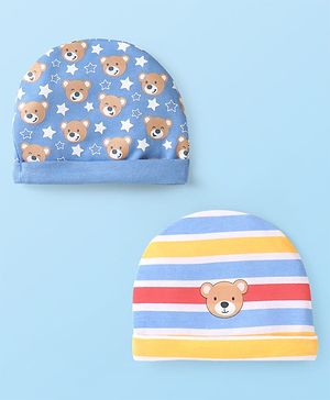 Babyhug 100% Cotton Knit Caps with Bear Print & Stripes Pack of 2  Multicolor - Diameter 16 cm