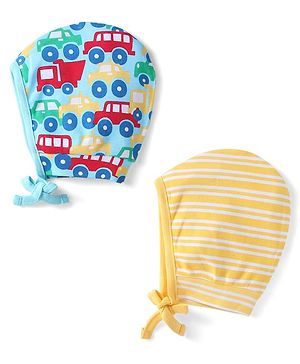 Babyhug 100% Cotton Knit Caps with Stripes & Vehicle Print Pack of 2 - Yellow & Blue