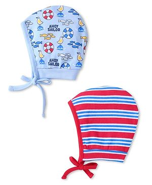 Babyhug Interlock Knit Caps With Nautical Theme Print Pack of 2 - Red & Blue