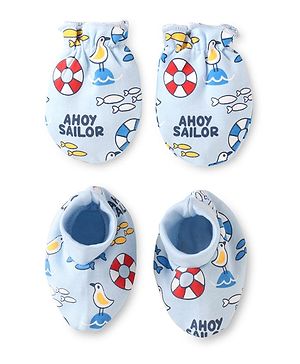 Babyhug 100% Cotton Knit Mittens & Booties Set with Nautical Theme Print - Light Blue