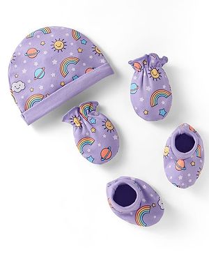 Babyhug Interlock Knit Cap Mittens & Booties Set with Space Theme Prints Lavender  - Diameter 10 cm