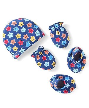 Babyhug 100% Cotton Knit Cap Mittens & Booties Set with Stars Print Navy Blue - Diameter 11 cm