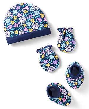 Babyhug 100% Cotton Knit Floral Printed  Cap Mittens & Booties Set - Navy