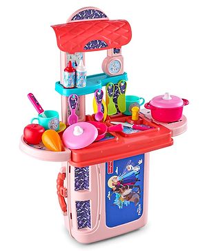 Babyhug Disney Frozen Sisters Theme Kitchen Play Set - Pink| 3 in 1 Portable Pretend Food Party Role Play|  Kids Cooking Set| Toy for Kids with 32 Pcs & 2 Sticker Set| Gift for Girls