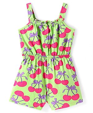 Babyhug Cotton Knit Sleeveless Jumpsuit With Cherry Print - Neon Green