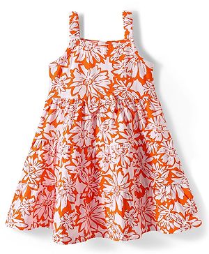 Babyhug Single Jersey Knit Sleeveless Frock with Floral Print & Bow Applique - Orange & White