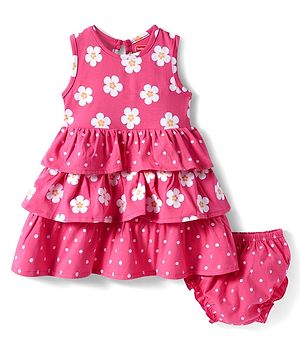 Babyhug Single Jersey Knit Sleeveless Layered Frock with Bloomer & Floral Print - Dark Pink