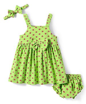Babyhug Single Jersey Knit Sleeveless Floral Printed Frock with Headband Bloomer & Bow Applique - Light Green