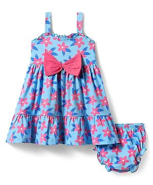 Babyhug Single Jersey Knit Sleeveless Frock and Bloomer with Floral Print & Bow Applique - Blue