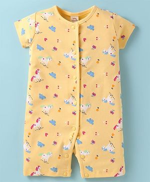 Baby Naturelle & Me Interlock Knit Half Sleeves Romper With Unicorn & Butterfly Print - Yellow