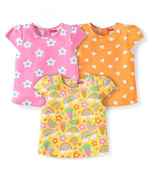 Babyhug Cotton Knit Cap Sleeves T-Shirts with with Floral & Hearts Print Pack of 3 - Yellow Orange & Pink