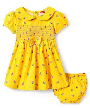 Babyhug Single Jersey Knit Half Sleeves Floral Printed Frock With Bow Applique & Bloomer - Yellow