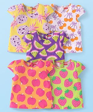 Babyhug Cotton Knit Cap Sleeves T-Shirts with with Fruits Print Pack of 5 - Multicolor