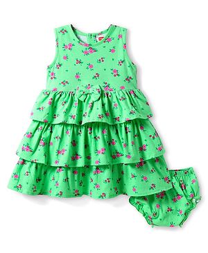 Babyhug Single Jersey Knit Sleeveless Floral Printed Frock with Bloomer & Bow Applique - Light Blue