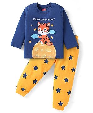 Babyhug Cotton Knit Full Sleeves Night Suit with Tiger & Star Print - Yellow & Navy Blue