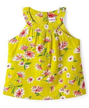 Babyhug Rayon Woven Sleeveless Halter Neck Top with Floral Print - Light Green