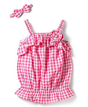 Babyhug Rayon Knit Sleevesless Top & Headband With Checks & Floral Applique - Pink & White