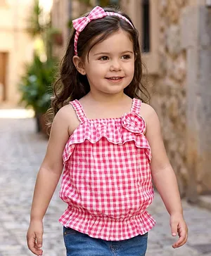 Babyhug Rayon Knit Sleevesless Top
                              & Headband With Checks & Floral
                              Applique - Pink & White