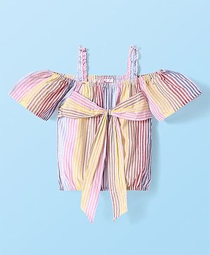 Babyhug Woven Cold Shoulder Top with Stripes - Pink & Yellow