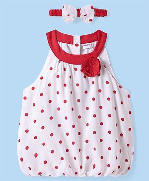 Babyhug Rayon Woven Sleeveless Top & Hairband With Polka Dots & Floral & Bow Applique - White & Red