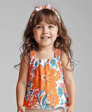 Babyhug Rayon Woven Sleeveless Top with Headband & Floral Print - Orange