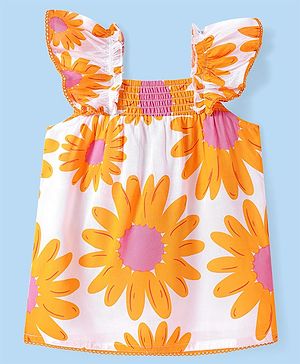Babyhug Woven Sleeveless Top With Smock Detailing & Floral Print - White & Orange