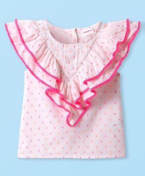 Babyhug Woven Sleeveless Top With Frill & Polka Dots - Pink & White