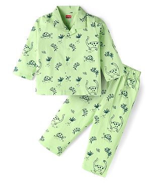 Babyhug Cotton Knit Full Sleeves Night Suit With Animal Print - Green