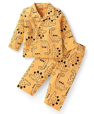 Babyhug Cotton Knit Full Sleeves Night Suit With Dino Print - Yellow