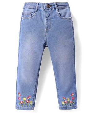 Babyhug Denim Full Length Washed Stretch Jeans With Floral Embroidery - Blue