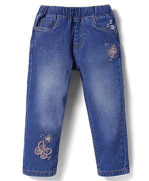 Babyhug Denim Full Length Washed Stretch Jeans With Butterfly Embroidery - Blue