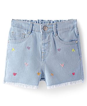 Babyhug Mid Thigh Washed Denim Shorts with Heart Embroidery - Light Blue