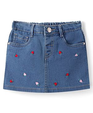 Babyhug Mid Thigh Washed Denim Skirt with Strawberry Embroidery - Navy Blue