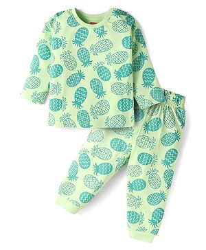 Babyhug Cotton Knit Full Sleeves Night Suit With Pineapple Print - Light Green