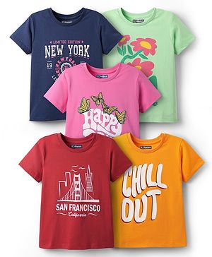 Pine Kids Cotton Knit Half Sleeves T-Shirts with Text Print Pack of 5 - Multicolor