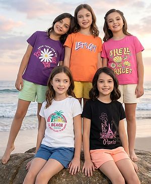 Pine Kids Cotton Knit Half Sleeves T-Shirt with Lets Go Text Print Pack of 5 - Pink & Orange