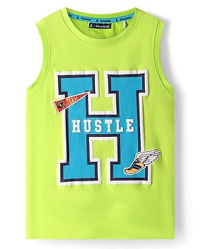 Pine Kids Cotton Knit Sleeveless Tank T-Shirt with Hustle Text Print - Limegreen