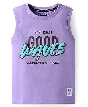 Pine Kids Cotton Knit Sleeveless Tank T-Shirt with Good Waves Text Print - Purple
