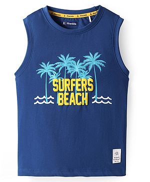 Pine Kids Cotton Knit Sleeveless Tank T-Shirt with Beach Theme Print - Blue