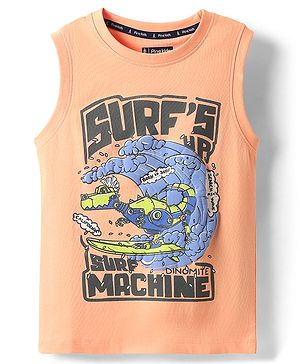 Pine Kids Cotton Knit Sleeveless Tank T-Shirt With Surf Machine Text Print - Coral