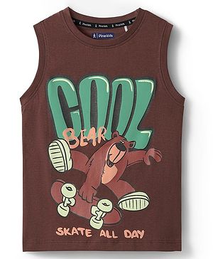 Pine Kids Cotton Knit Sleeveless Tank T-Shirt With Cool Text Print - Brown