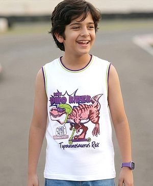 Pine Kids Cotton Knit Sleeveless Tank T-Shirts with Dino Rider Text Print - White