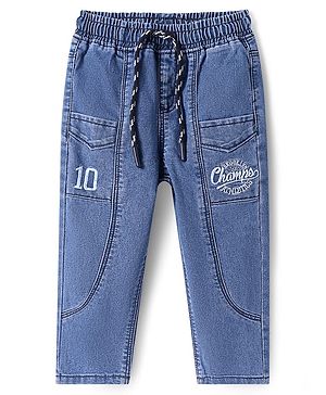 Babyhug Full Length Washed Denim Jeans with Champs Embroidery - Blue