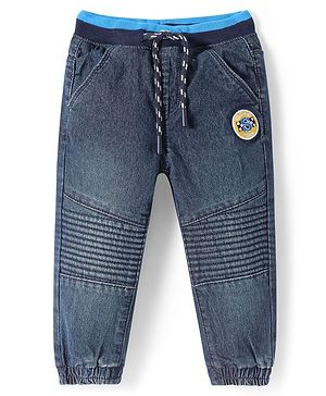 Babyhug Full Length Washed Denim Jeans with Patch Embroidery - Navy Blue