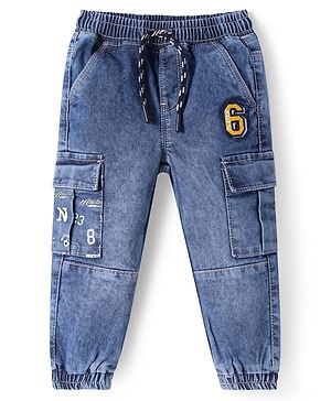 Babyhug Full Length Washed Denim Jeans with Number Embroidery - Blue